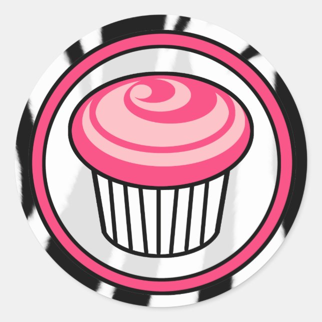 Pink Cupcake Birthday Sticker - Black Zebra Print (Front)
