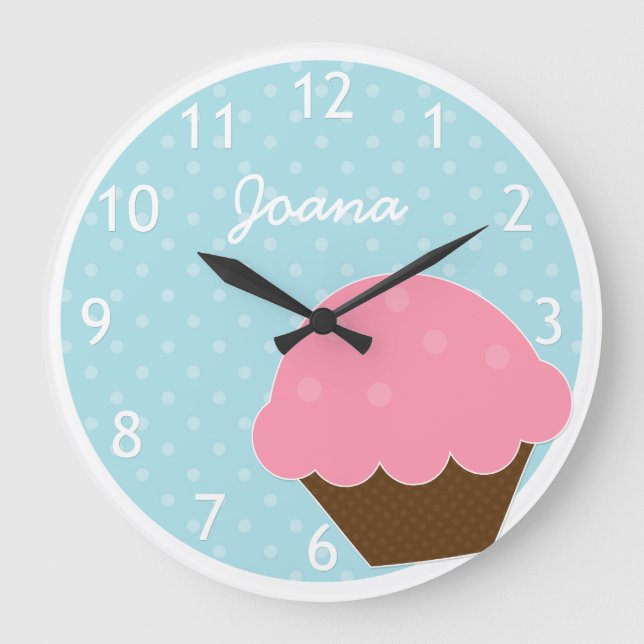 Pink Cupcake Blue Polka Dot Personalised Name Large Clock (Front)