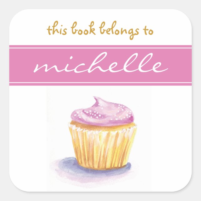 Pink cupcake bookplate square sticker (Front)