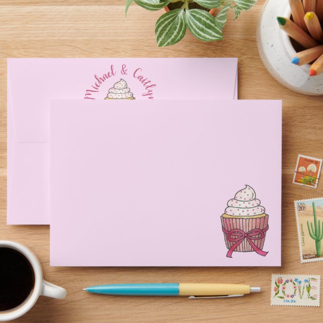 Pink Cupcake Bow Sprinkles Wedding Bridal Shower Envelope (Desk)