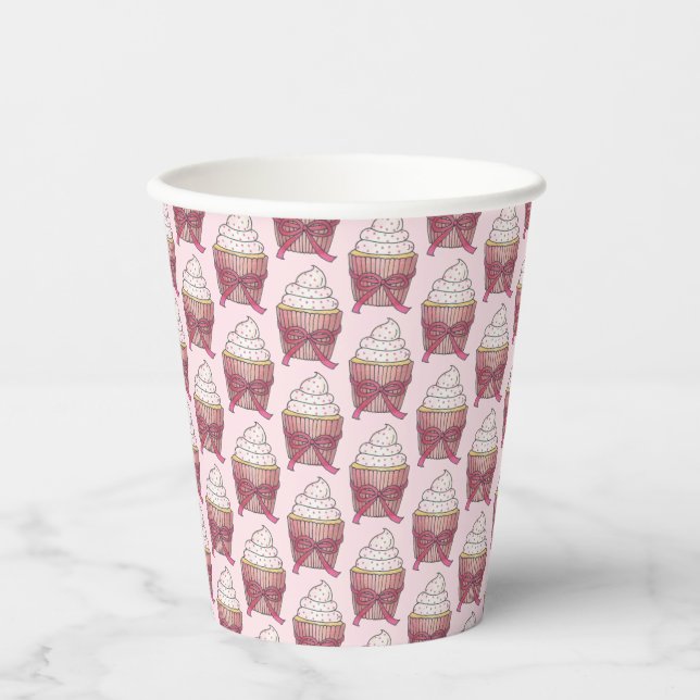 Pink Cupcake Bow Sprinkles Wedding Bridal Shower Paper Cups (Front)