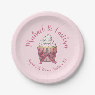Pink Cupcake Bow Sprinkles Wedding Bridal Shower Paper Plate
