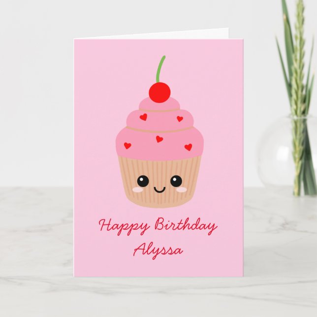 Pink Cupcake Character Happy Birthday Card (Front)