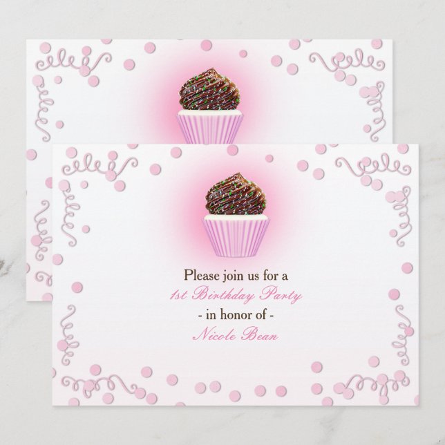 Pink Cupcake Confetti Birthday Party Invitations (Front/Back)