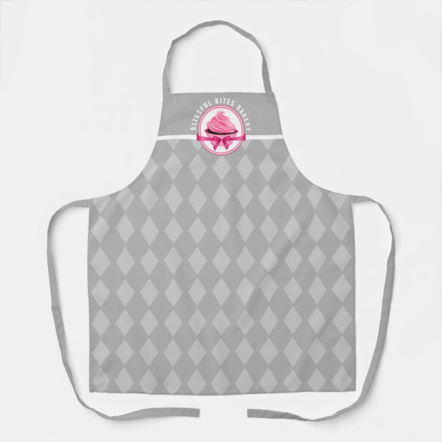 Pink Cupcake Curved Text Grey Diamond Bakery Apron (Front)