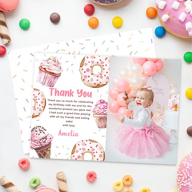 Pink Cupcake & Doughnut Birthday Photo Thank You C Card (Creator Uploaded)