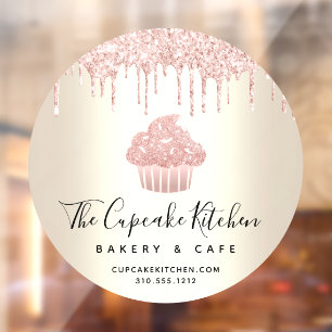 Pink Cupcake Glitter Drips Bakery Pastry Café Gold Window Cling