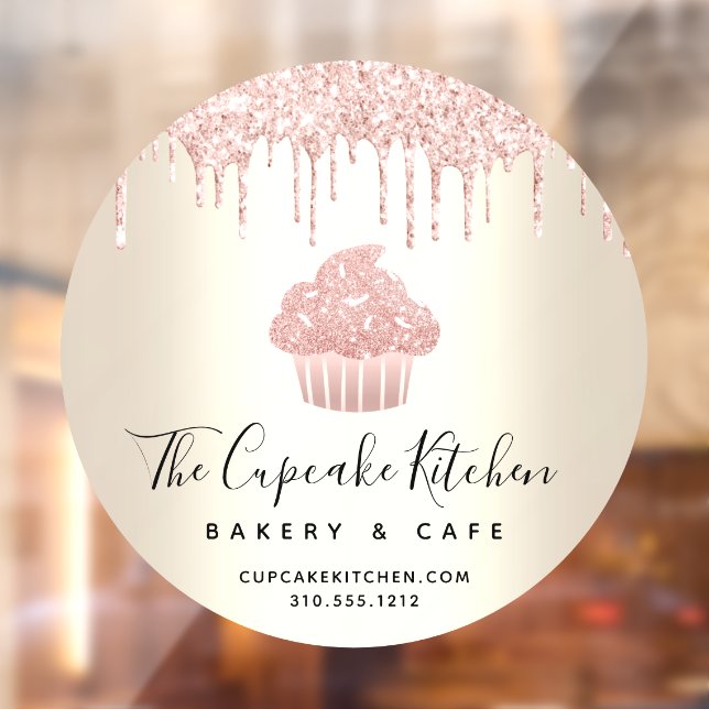 Pink Cupcake Glitter Drips Bakery Pastry Café Gold Window Cling (Sheet 2)