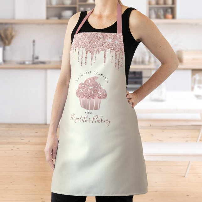 Pink Cupcake Glitter Drips Bakery Pastry Chef Gold Apron (Creator Uploaded)