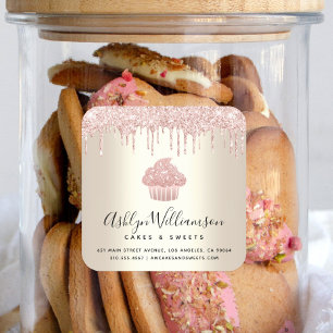 Pink Cupcake Glitter Drips Gold Pastry Chef Bakery Square Sticker