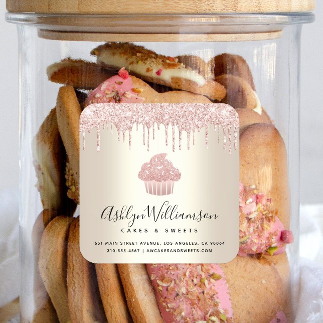 Pink Cupcake Glitter Drips Gold Pastry Chef Bakery Square Sticker (Creator Uploaded)