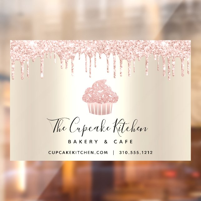 Pink Cupcake Glitter Drips Pastry Chef Bakery Gold Window Cling (Sheet 2)