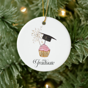 Pink Cupcake Graduate Year Custom Message Ceramic Tree Decoration