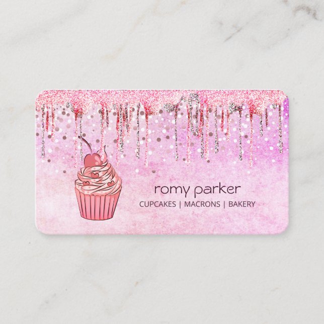 Pink Cupcake Home Bakery Pastry Dripping Business Card (Front)