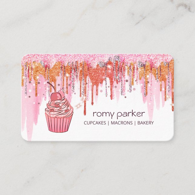 Pink Cupcake Home Bakery Pastry Dripping Business Card (Front)