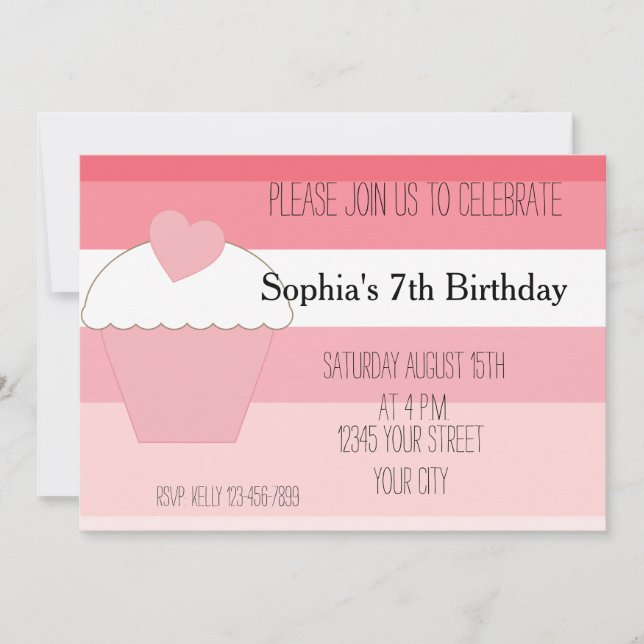 Pink Cupcake Ombre Stripes Birthday Invitation (Front)