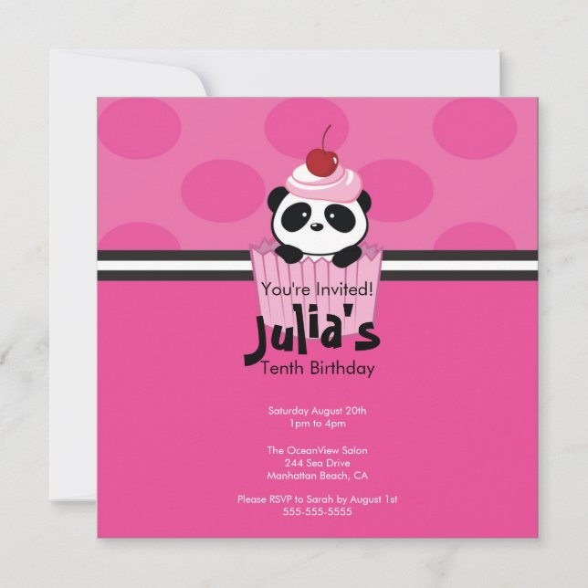 Pink Cupcake Panda Birthday Party Invitation (Front)