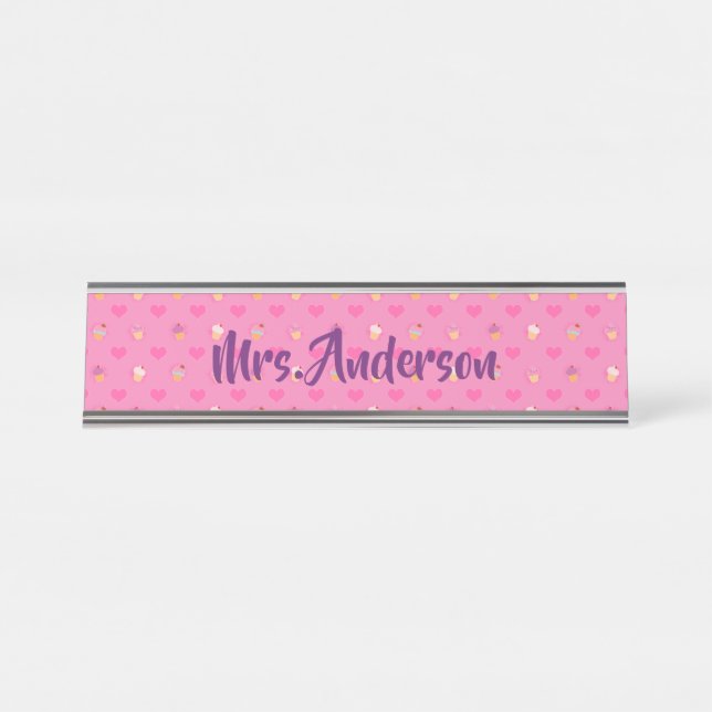 Pink Cupcake Pattern Desk Name Plate (Front)