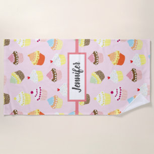 Pink Cupcake Pattern Personalised Beach Towel