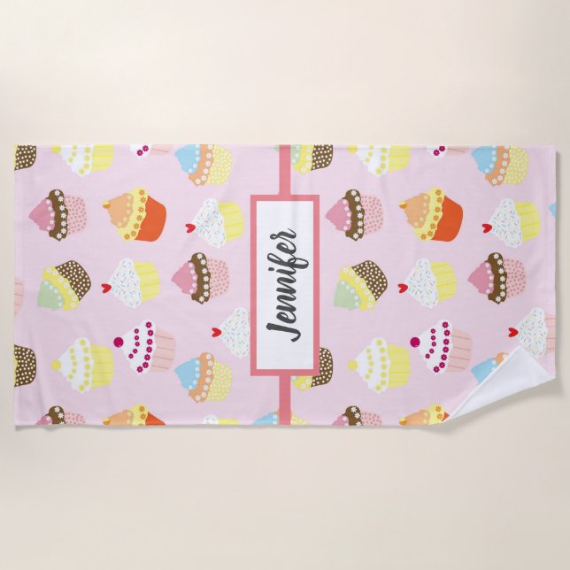 Pink Cupcake Pattern Personalised Beach Towel (Front)