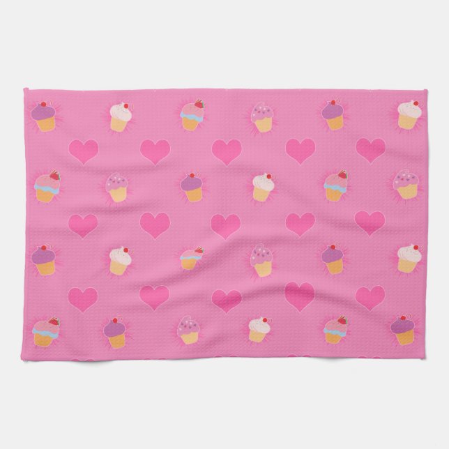 Pink Cupcake Pattern Tea Towel (Horizontal)