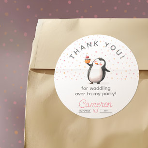 Pink cupcake penguin celebration girl's birthday classic round sticker