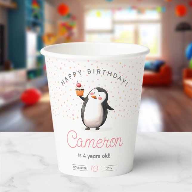 Pink cupcake penguin celebration girl's birthday paper cups (Creator Uploaded)