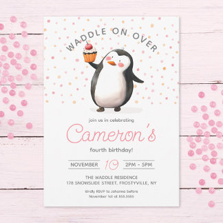 Pink Cupcake Penguin Celebration, kid's Birthday Invitation