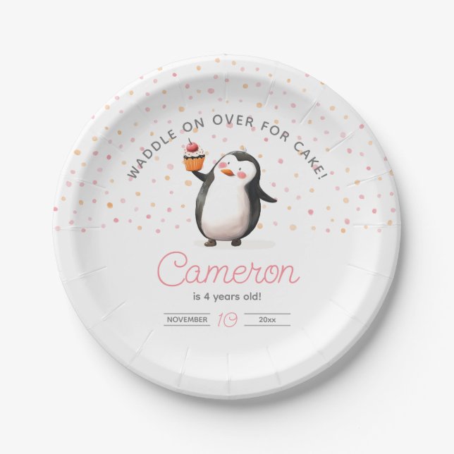 Pink cupcake penguin girl's birthdayPaper Plate (Front)