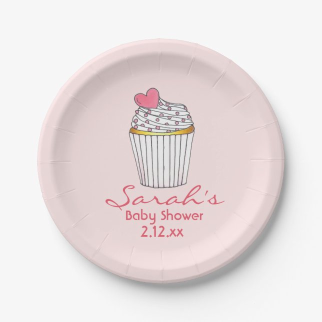 Pink Cupcake Personalised Girl Baby Bridal Shower Paper Plate (Front)