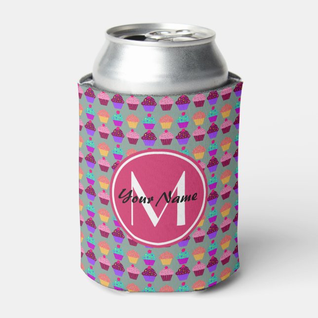 Pink Cupcake Personalised Name, Custom Monogram Can Cooler (Can Front)