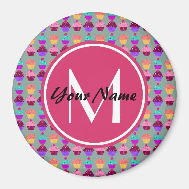 Pink Cupcake Personalised Name, Custom Monogram Magnet (Front)