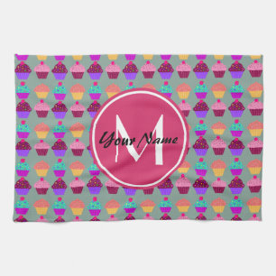 Pink Cupcake Personalised Name, Custom Monogram Tea Towel