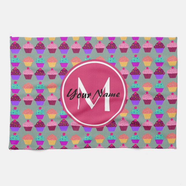 Pink Cupcake Personalised Name, Custom Monogram Tea Towel (Horizontal)