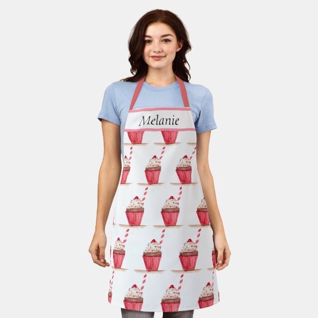 Pink Cupcake Sweets Hand drawn Baking Food Cute Ap Apron (Worn)