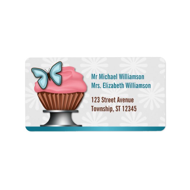 Pink Cupcake Turquoise Butterfly Address Labels (Front)