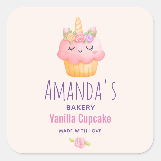 Pink Cupcake Unicorn with Roses Bakery Business Square Sticker (Front)