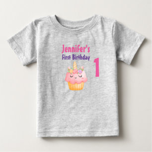 Pink Cupcake Unicorn with Roses Birthday Baby T-Shirt