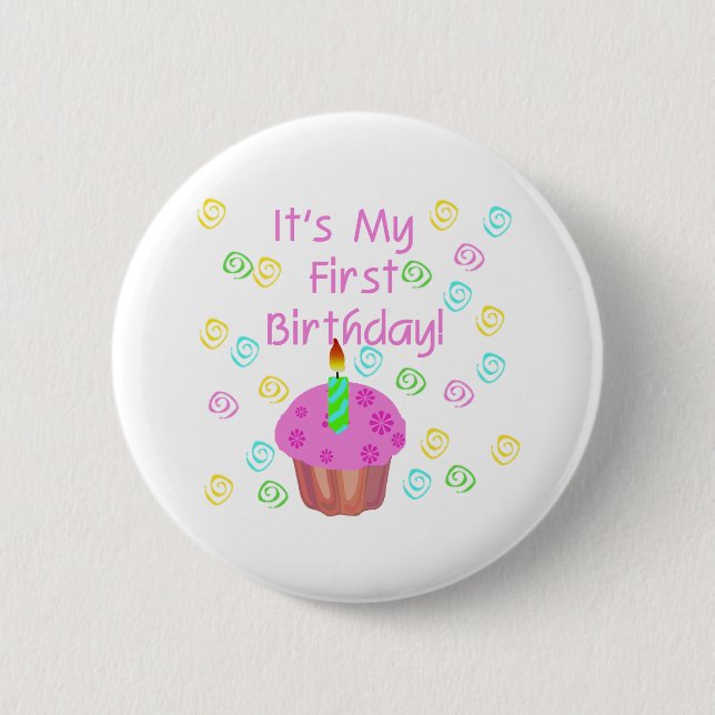 Pink Cupcake With Candle First Birthday 6 Cm Round Badge (Front)