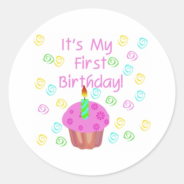 Pink Cupcake With Candle First Birthday Classic Round Sticker (Front)