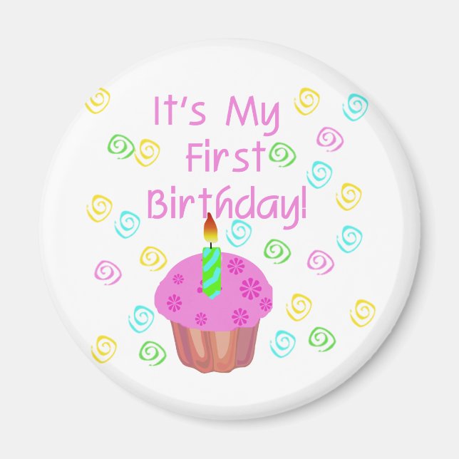 Pink Cupcake With Candle First Birthday Magnet (Front)