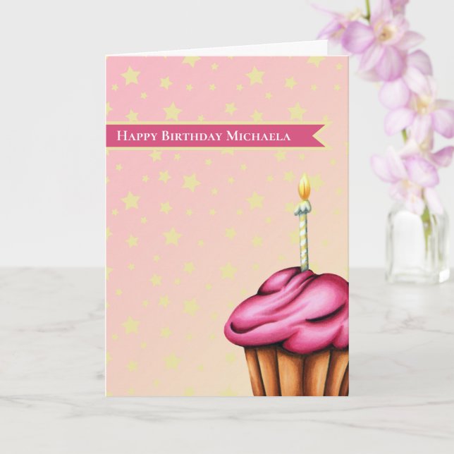 Pink Cupcake with Candle Personalised Birthday Card (Orchid)