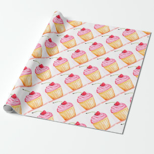 Pink cupcake with cherry Baking Party Festive Wrapping Paper