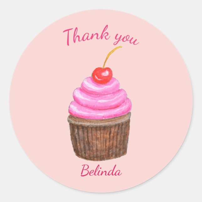 Pink Cupcake with Cherry customizable Favor   Classic Round Sticker (Front)