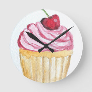 Pink cupcake with cherry round clock