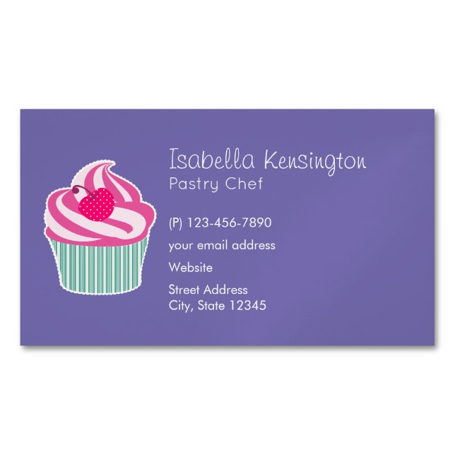 Pink Cupcake WIth Polka Dot Cherry Magnetic Business Card (Front)