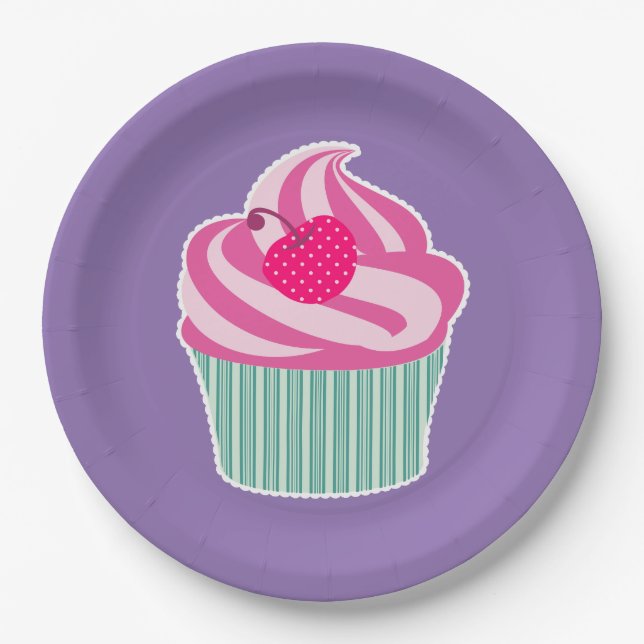 Pink Cupcake WIth Polka Dot Cherry Paper Plate (Front)