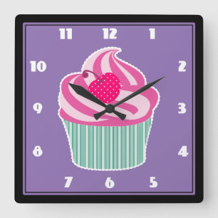 Pink Cupcake WIth Polka Dot Cherry Square Wall Clock