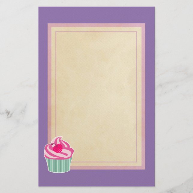 Pink Cupcake WIth Polka Dot Cherry Stationery (Front)