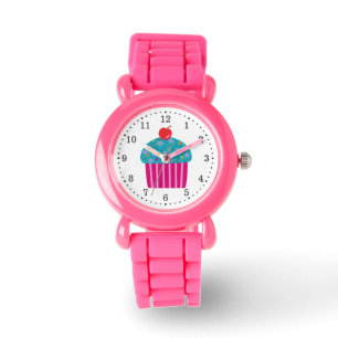 Pink Cupcake with Turquoise Frosting Red Cherry Watch